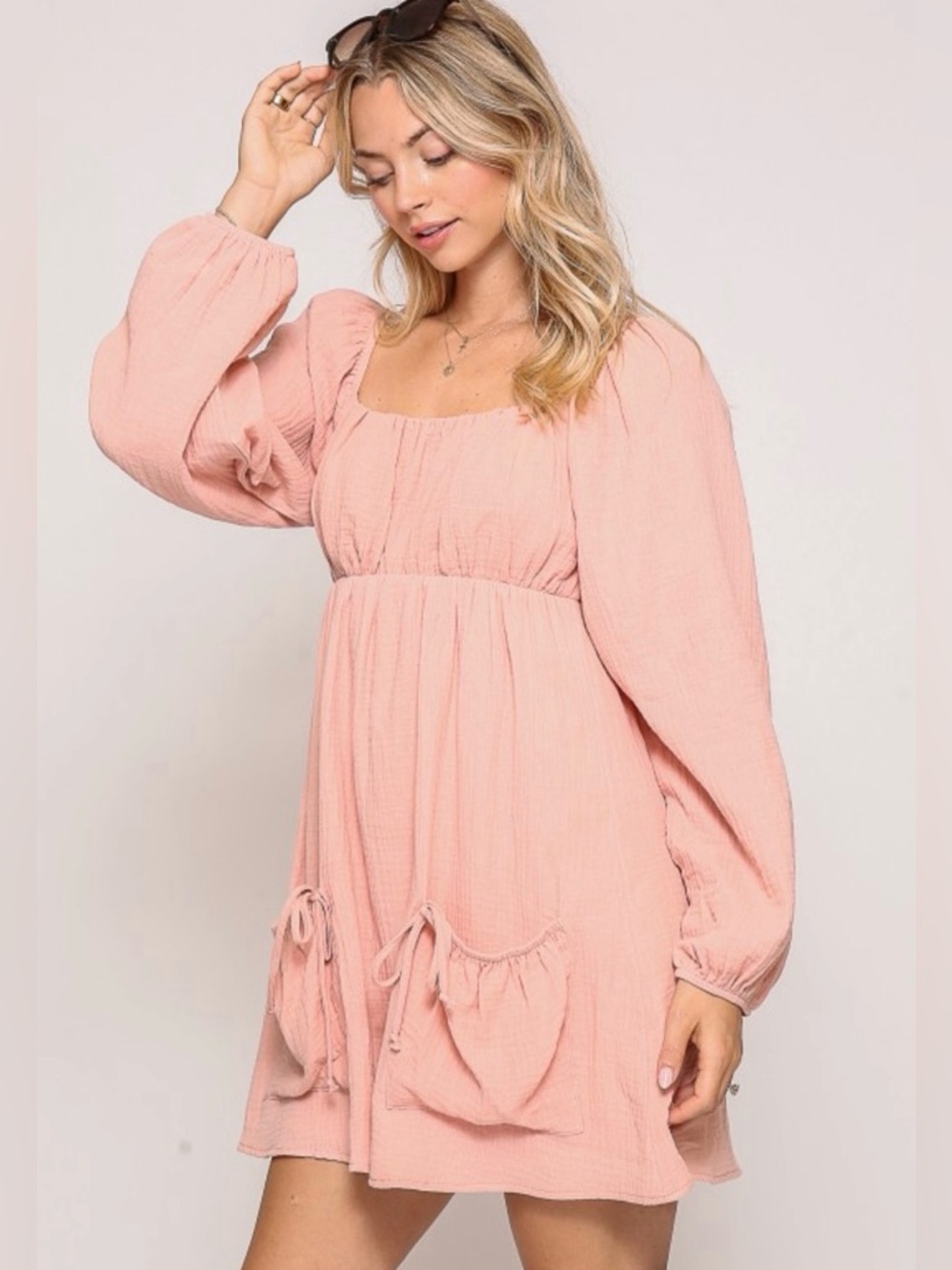 Women's Blush Pink Babydoll Dress - Soft Long Sleeve - Picture 2 of 5